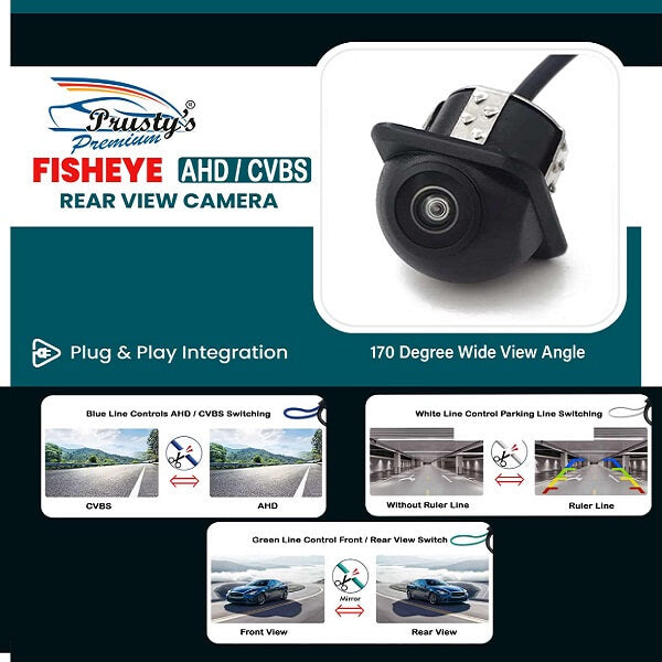 Prusty’s Universal Fisheye Angle Wide View Reverse Camera with AHD to CVBS, Front to Rear & Parking Line On Off Function